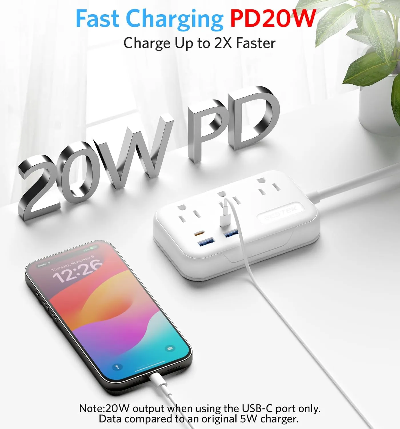 BESTEK European Travel Plug Adapter: UK Travel Plug Adapter- US to UK Europe Travel Power Strip with 20W USB C Charger - 3 AC Outlets, 4 USB Ports (White)