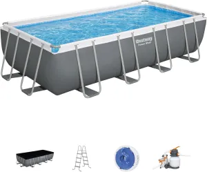 Bestway Power Steel 18' x 9' x 48" Rectangular Metal Frame Above Ground Outdoor Swimming Pool Set with 1,500 GPH Filter Pump, Ladder, and Pool Cover