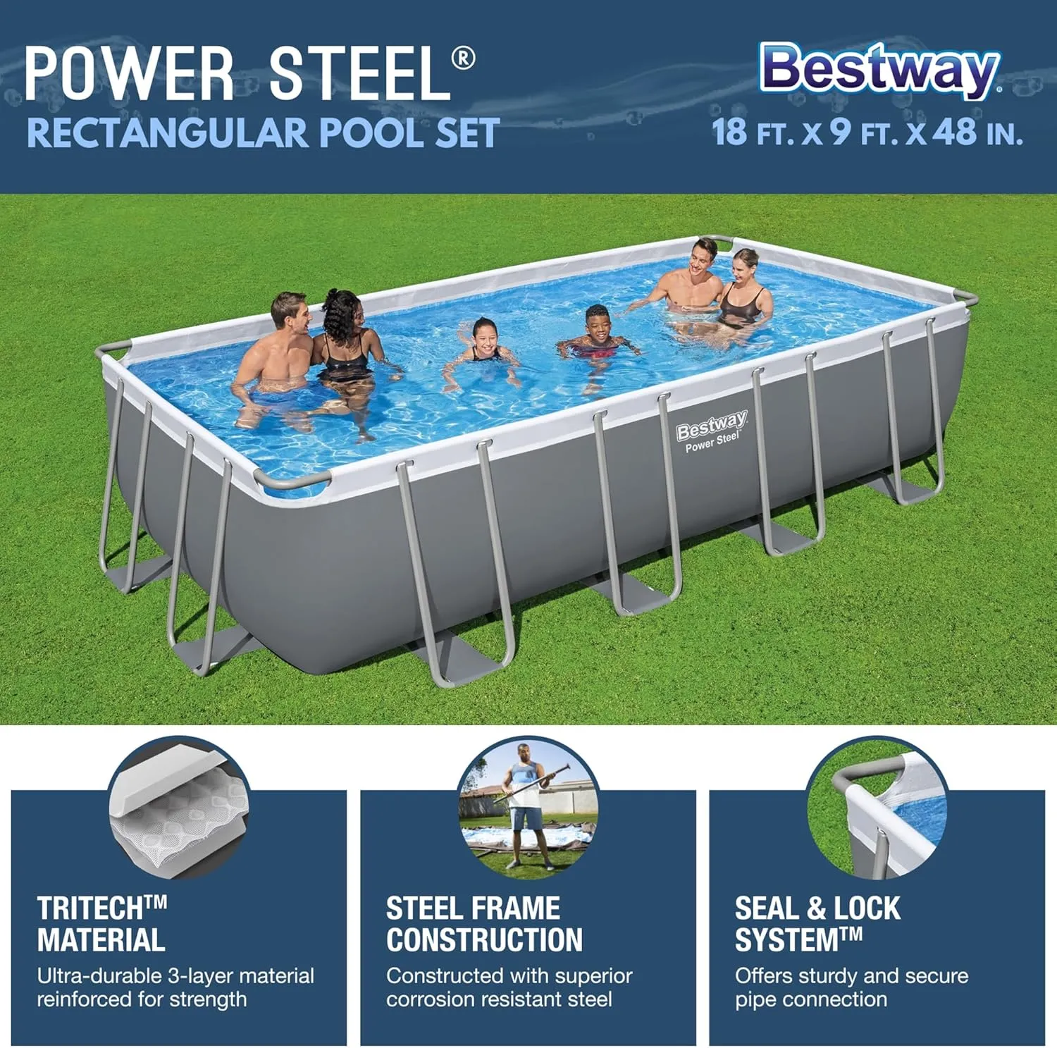 Bestway Power Steel 18' x 9' x 48" Rectangular Metal Frame Above Ground Outdoor Swimming Pool Set with 1,500 GPH Filter Pump, Ladder, and Pool Cover