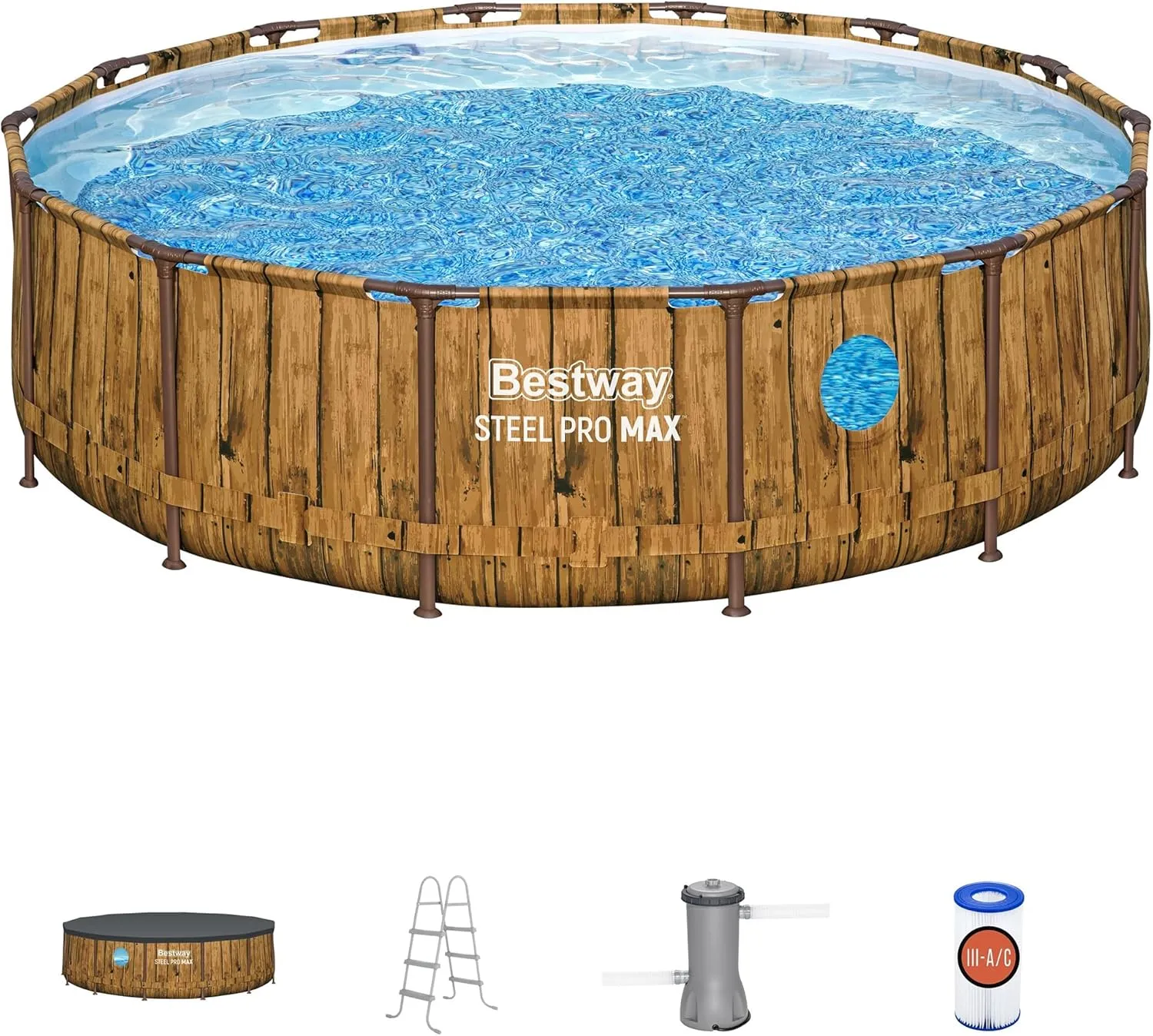 Bestway: Steel Pro MAX - Splashview Round Swimming Pool Set - 14' x 42", Above Ground, Tritech Construction, Filter Pump, Ladder, Cover, ClickConnect