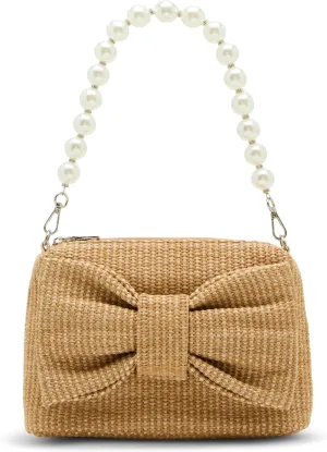 Betsey Johnson Straw Bow Bag with Pearl Handle, Natural