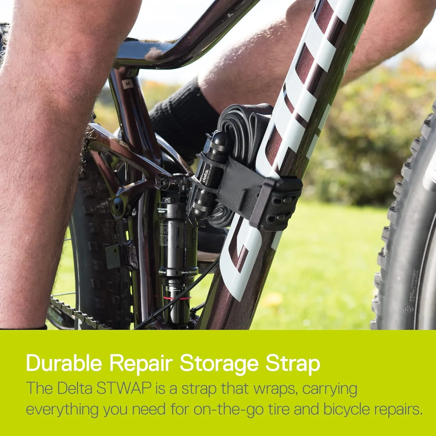 Bike Frame Carrier Strap MTB with Tire Plugger Kit, Stwap by Delta Cycle, Mountain Bike Strap with Integrated Storage Loops for CO2 Inflator, Tubes, Bike Tool Kit and More