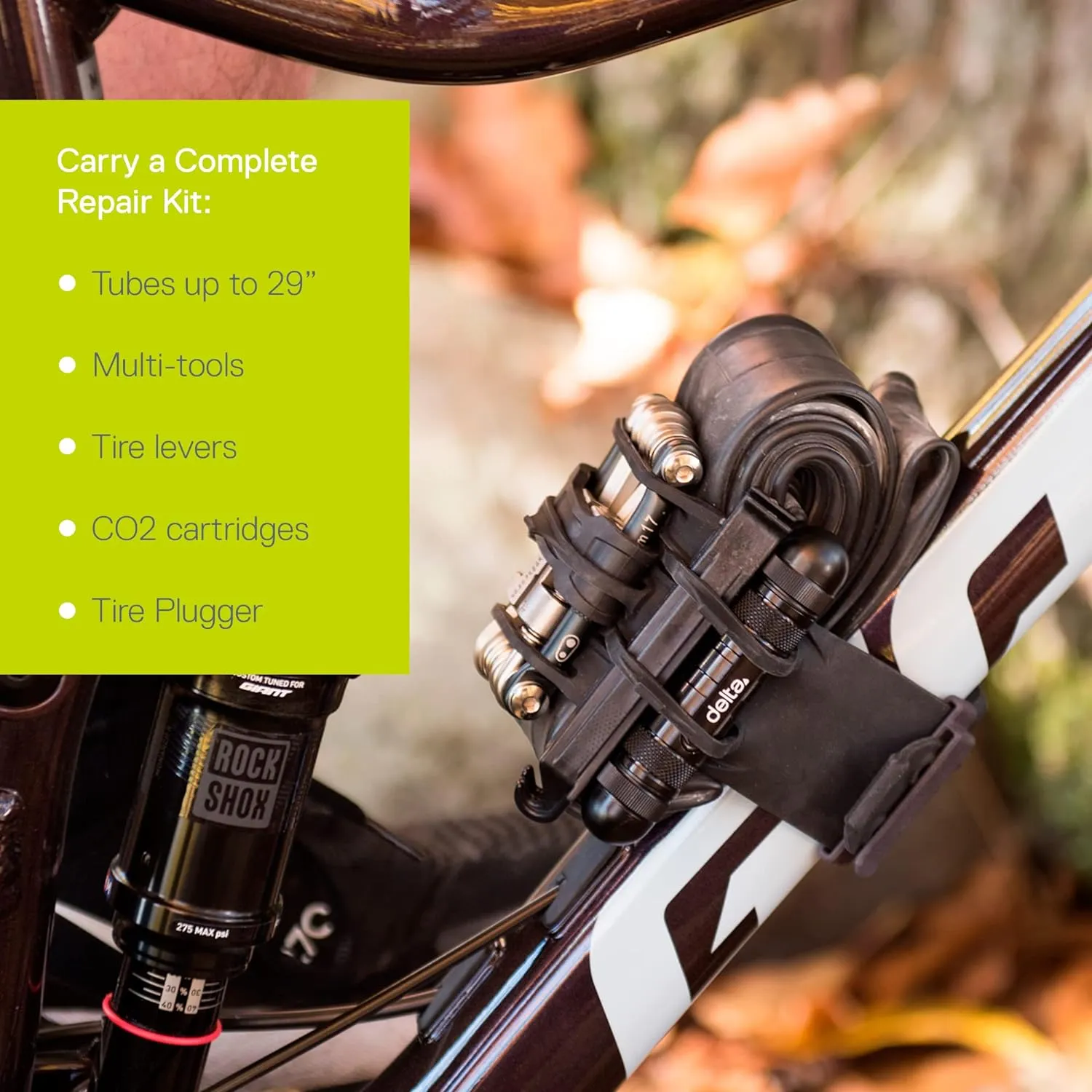 Bike Frame Carrier Strap MTB with Tire Plugger Kit, Stwap by Delta Cycle, Mountain Bike Strap with Integrated Storage Loops for CO2 Inflator, Tubes, Bike Tool Kit and More