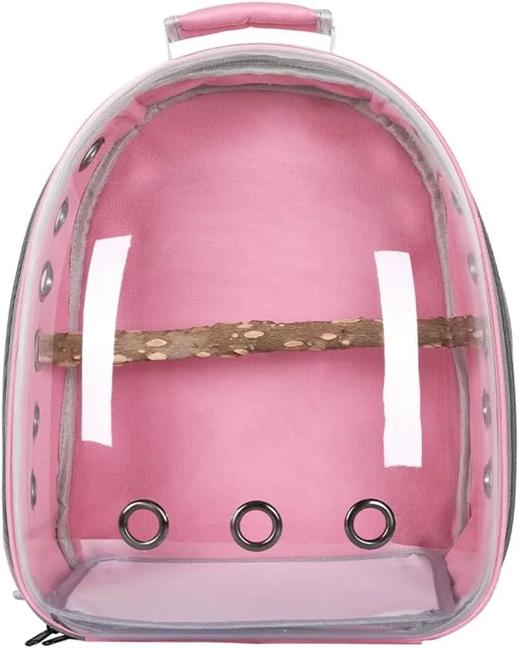 Bird Carrier Backpack Transparent Pet Birds Carrier Shoulders Bag Parrot Cage Backpack with Wooden Perch Breathable Backpack for Parrots Magpies Outing Travel Pink