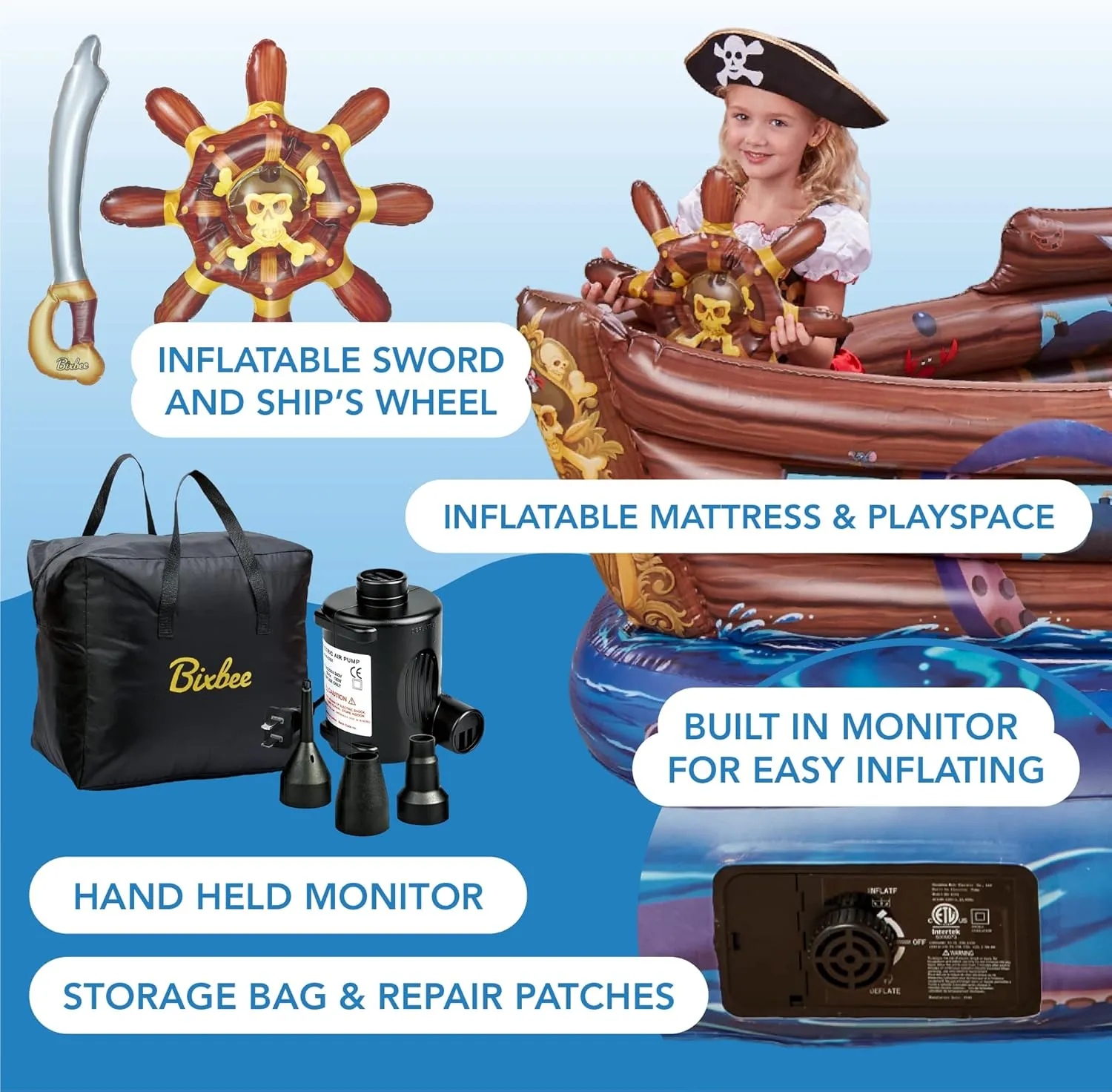 Bixbee Inflatable Pirate Ship Playhouse, Indoor Toddler Playhouse for Kids 3 , Sleepover Mattress & Playhouse for Boys & Girls with Built in Motor, Inflates to Over 6ft Long, Childrens Playhouse