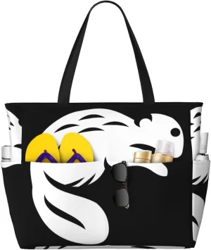 Black Beaver Print Large Capacity Beach Travel Bag with Zipper and Pockets for Camping Travel Gym