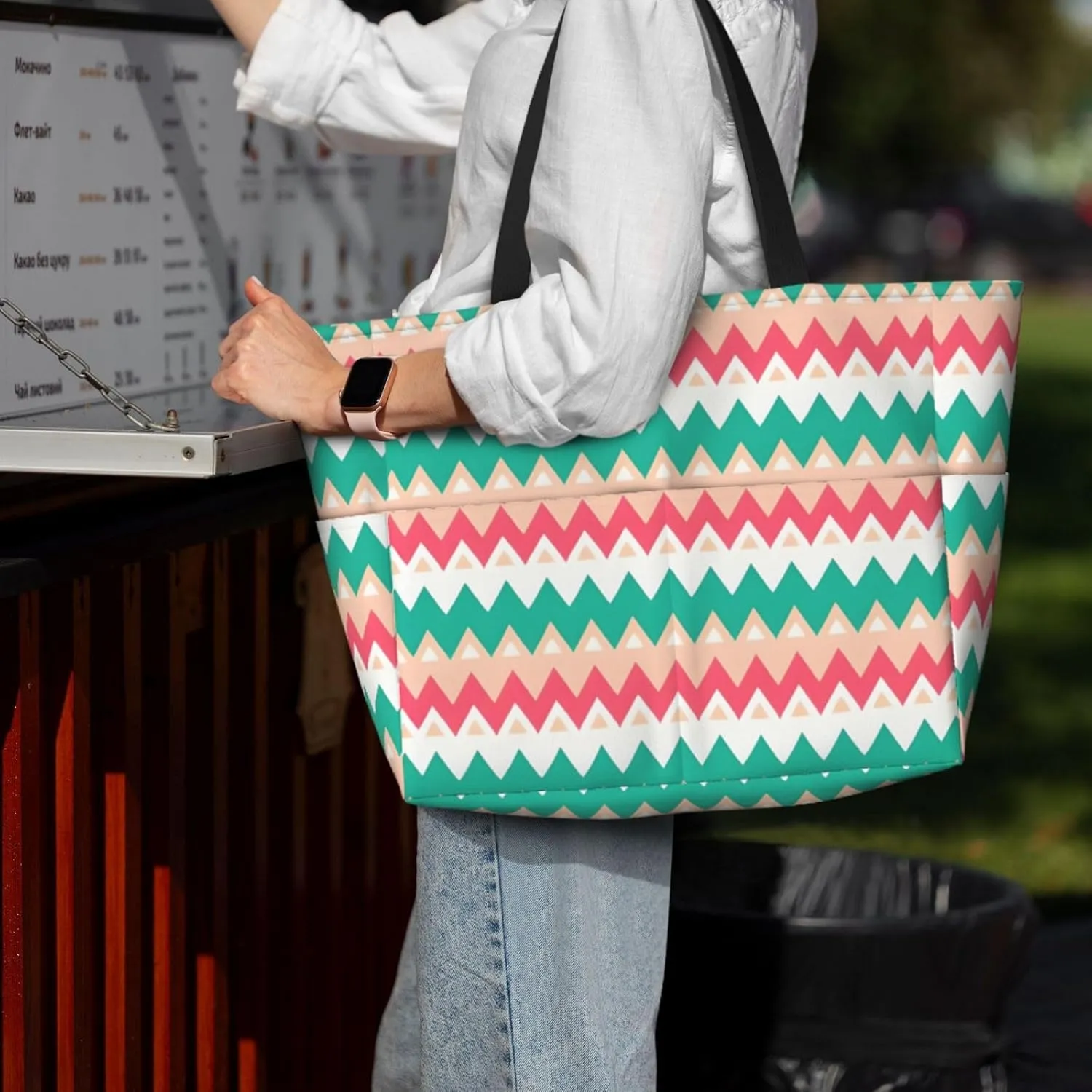 Black Curved Texture Spacious Large Capacity Beach Travel Bag - Foldable Beach Bag Tote Bag With Zipper