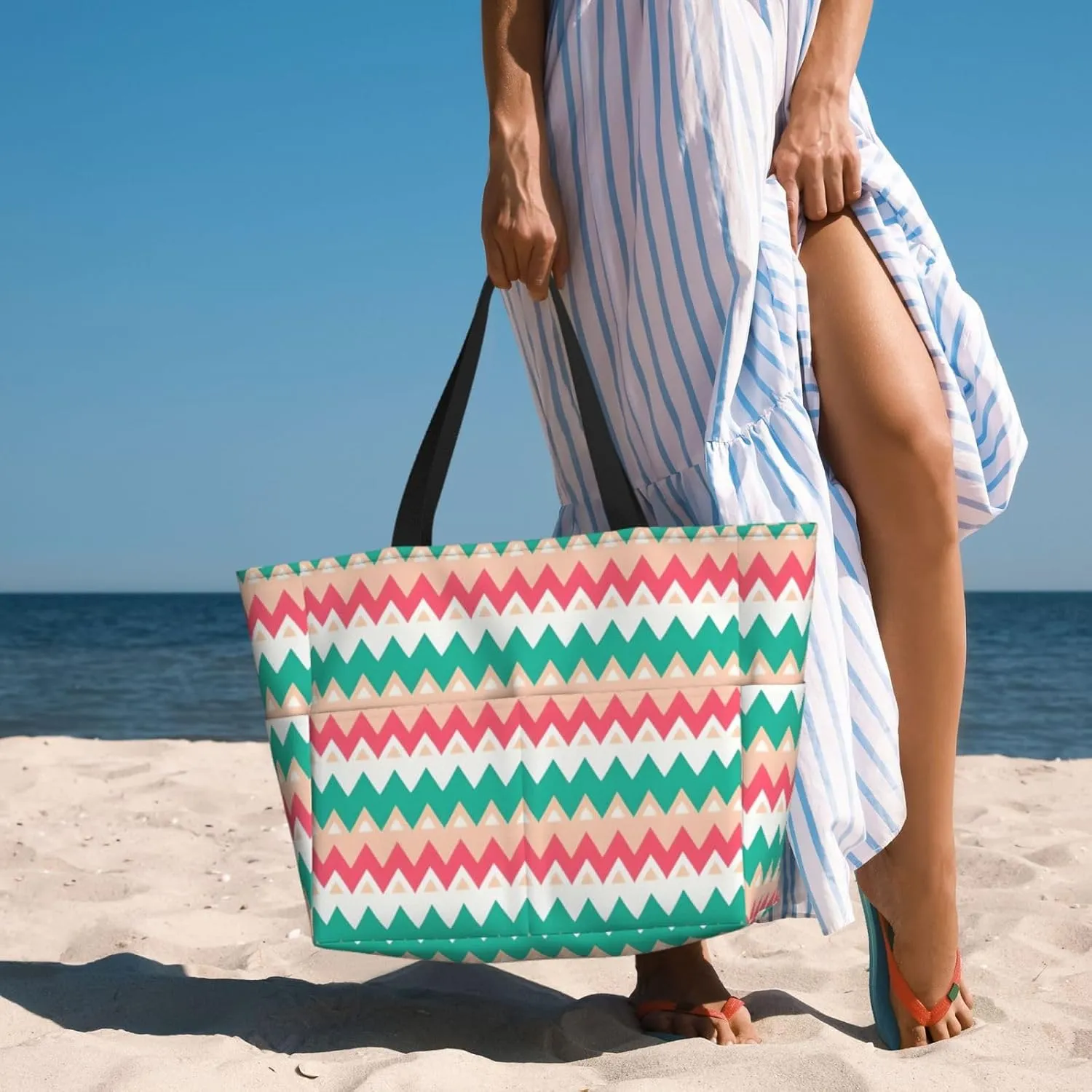 Black Curved Texture Spacious Large Capacity Beach Travel Bag - Foldable Beach Bag Tote Bag With Zipper