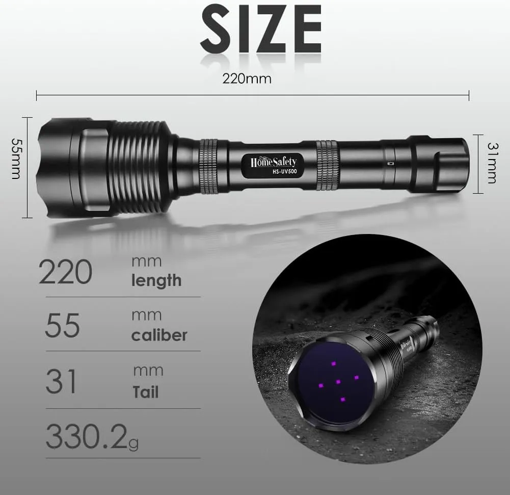 Black Light UV Flashlight, 5LEDs UV Light 50W Powerful Blacklight Torch Professional Grade Beam for Pet Urine Finding & Mineral, Antique Detection, Scorpion Search,Commercial Use (UV500_365nm)