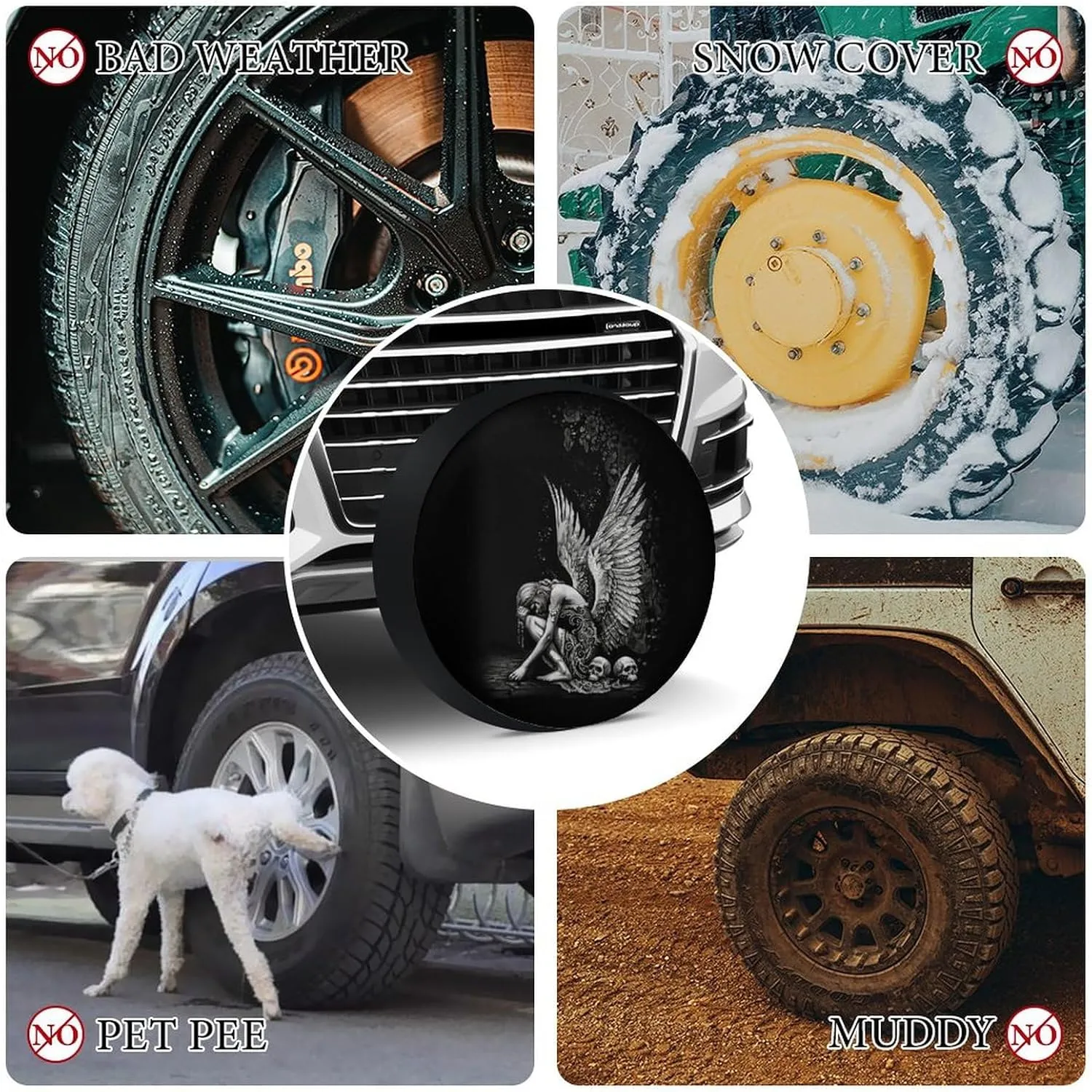 Black White Angel Skull Tire Covers Wheel Cover Protectors Waterproof Spare Tire Cover Universal Fit RV SUV Truck Trailer Accessories
