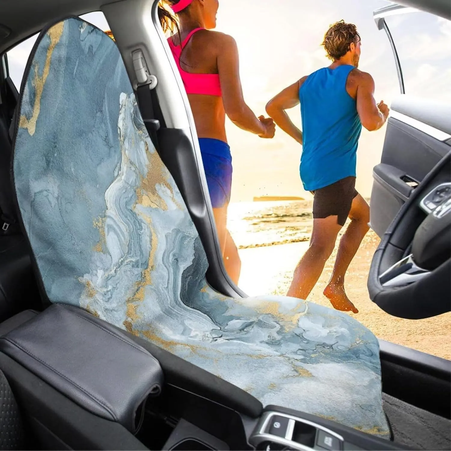Blue Marble Print Waterproof Sweating Car Seat Cover for Post Gym Workout Universal Front Seat Cover Easy to Install Universal Size Fit for Most Cars SUVs Trucks Vans