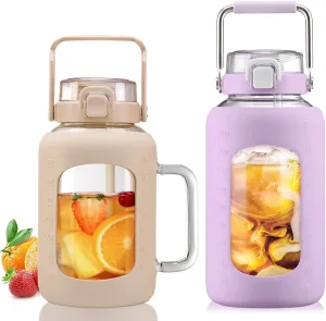 BLUEGO 64oz and 84oz Glass Water Bottles Bundle(64 Amber   84 Purple) with Straw and Lids Handle Large Water Tumbler with Sleeve, Glass Water Container, 2 Liter Water Jug Glass, BPA Free