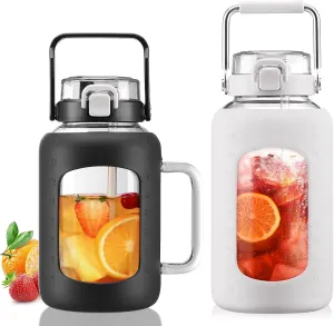 BLUEGO 64oz and 84oz Glass Water Bottles Bundle(64 Black   84 White) with Straw and Lids Handle Large Water Tumbler with Sleeve, Glass Water Container, 2 Liter Water Jug Glass, BPA Free