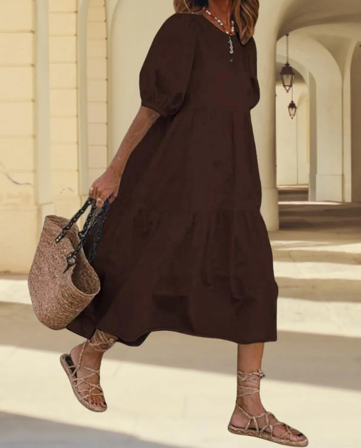 Boho Maxi Dress for Womens Crewneck Puff Short Sleeve Smocked Dress Casual Beach Oversized Tiered Swing Maxi Sundress