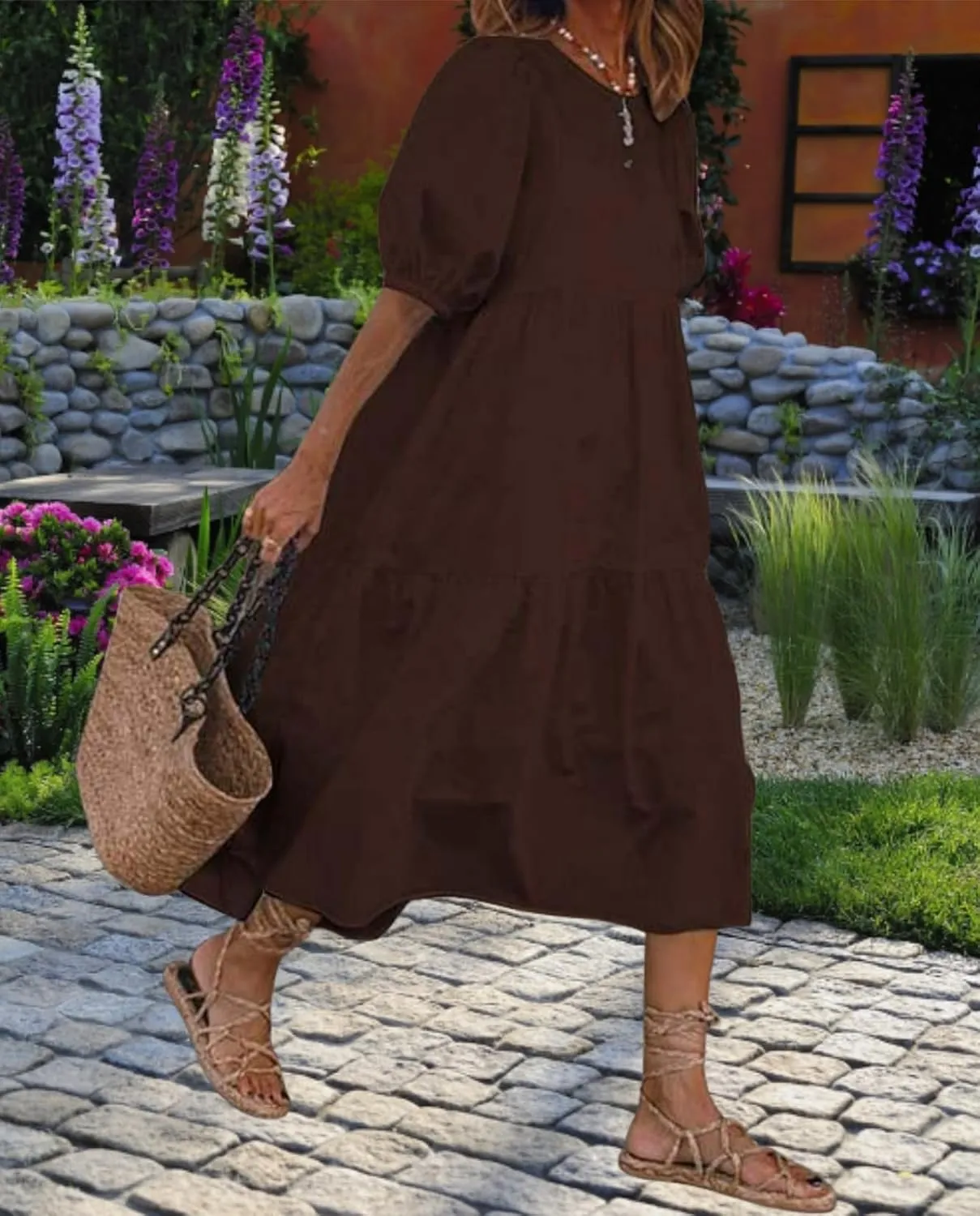 Boho Maxi Dress for Womens Crewneck Puff Short Sleeve Smocked Dress Casual Beach Oversized Tiered Swing Maxi Sundress