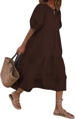 Boho Maxi Dress for Womens Crewneck Puff Short Sleeve Smocked Dress Casual Beach Oversized Tiered Swing Maxi Sundress