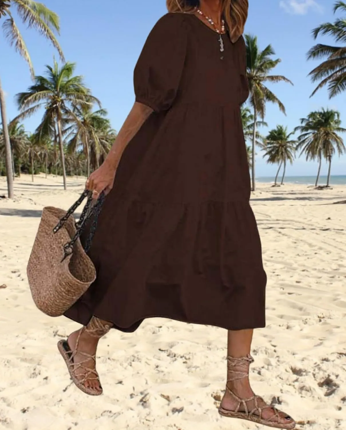 Boho Maxi Dress for Womens Crewneck Puff Short Sleeve Smocked Dress Casual Beach Oversized Tiered Swing Maxi Sundress