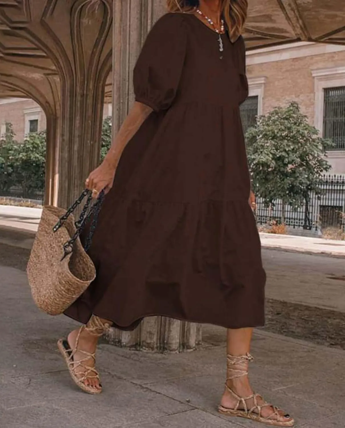 Boho Maxi Dress for Womens Crewneck Puff Short Sleeve Smocked Dress Casual Beach Oversized Tiered Swing Maxi Sundress