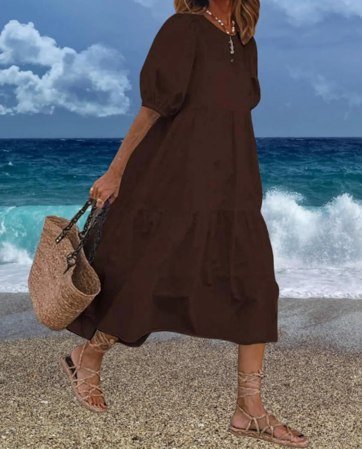 Boho Maxi Dress for Womens Crewneck Puff Short Sleeve Smocked Dress Casual Beach Oversized Tiered Swing Maxi Sundress