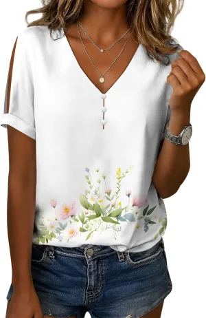 Boho Plus Size Tops for Women V Neck Blouses Business Casual Cold Shoulder T Shirts Trendy Floral Print Ladies Tops