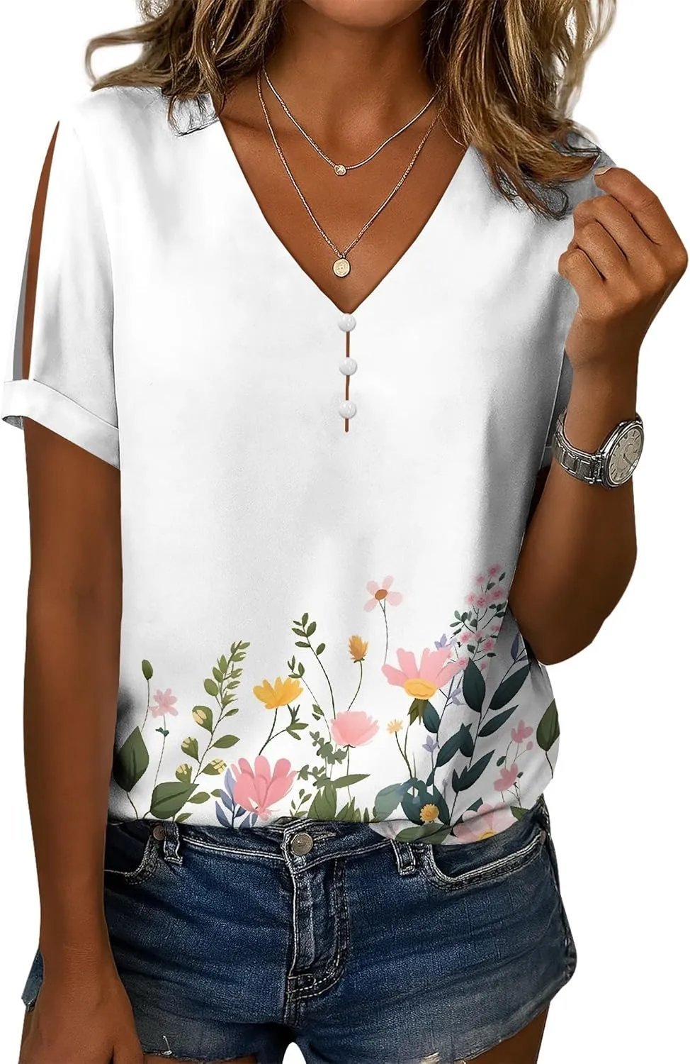 Boho Plus Size Tops for Women V Neck Blouses Business Casual Cold Shoulder T Shirts Trendy Floral Print Ladies Tops