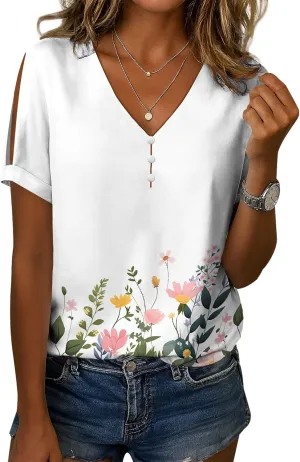 Boho Plus Size Tops for Women V Neck Blouses Business Casual Cold Shoulder T Shirts Trendy Floral Print Ladies Tops