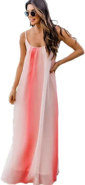 Boho Summer Dress for Women Casual Style Loose Spaghetti Strap Maxi Flowy Sun Dress with Pockets for Beach