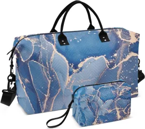 Bolaz Duffle Bag for Travel-Blue Marble Ink Golden Modern Fluid Art，Weekender Overnight Bag with Wet Pocket for Women，Large Carry On Airport Bag with Toiletry Bag for Travel, Business Trips, Sports