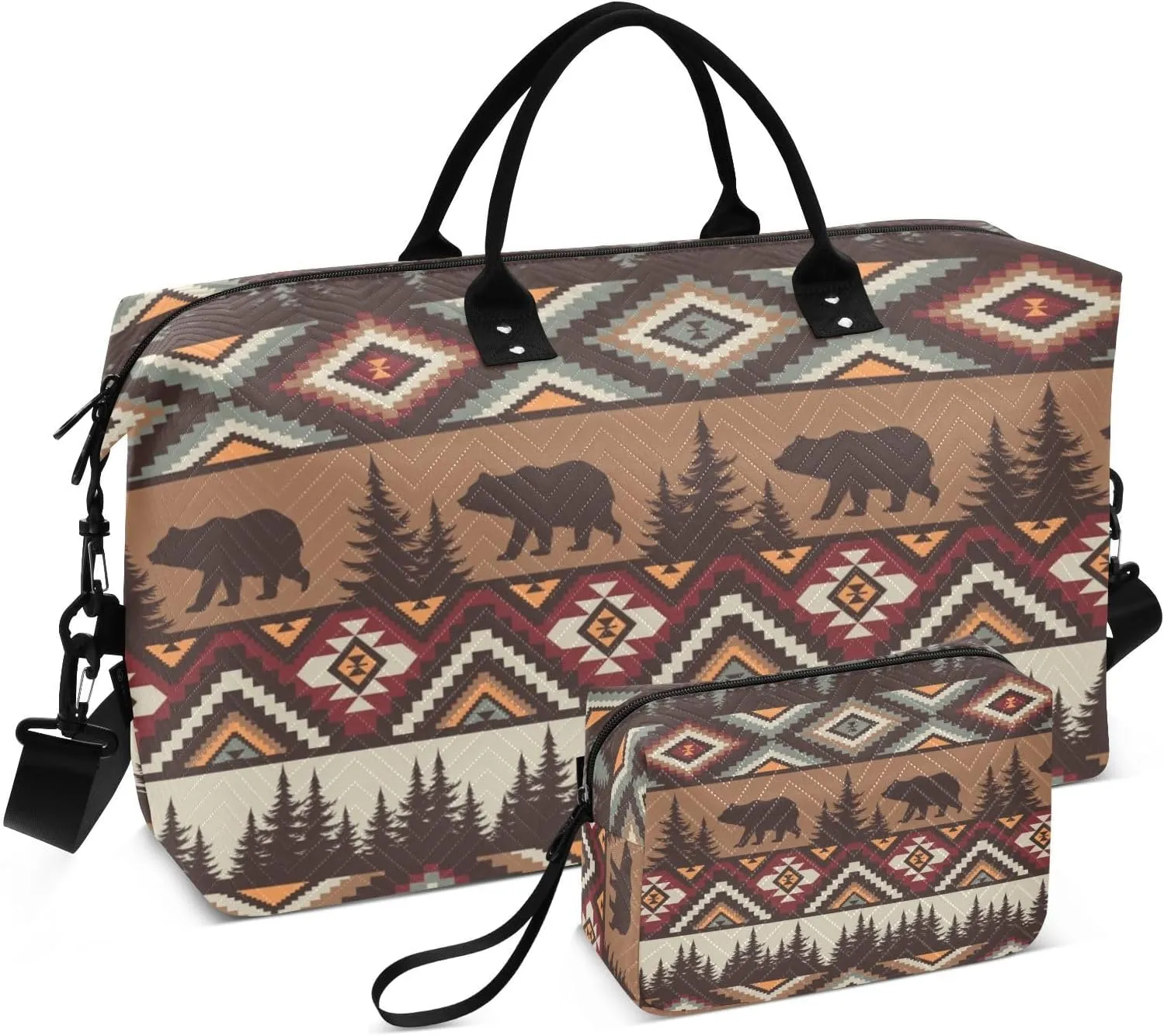 Bolaz Duffle Bag for Travel-Brown Tribal Bear and Fir-trer Funny，Weekender Overnight Bag with Wet Pocket for Women，Large Carry On Airport Bag with Toiletry Bag for Travel, Business Trips, Sports