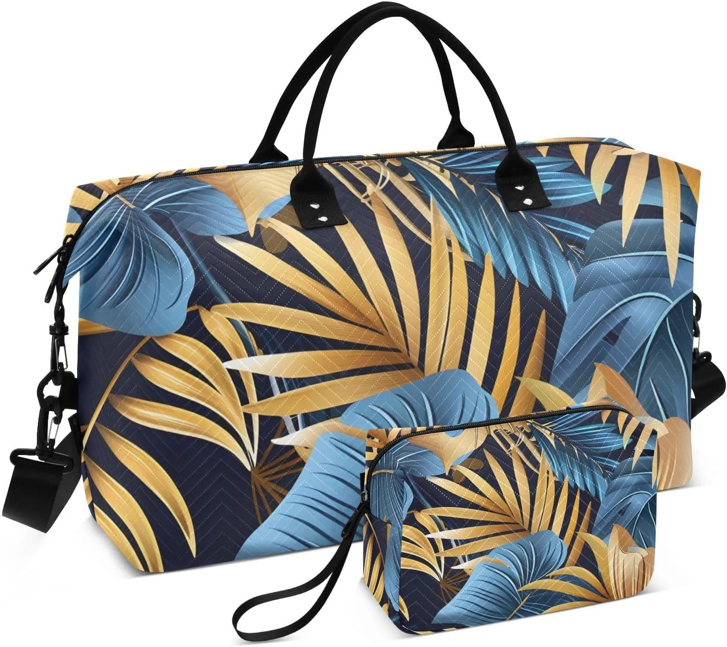 Bolaz Duffle Bag for Travel-Golden with Blue Leaves，Weekender Overnight Bag with Wet Pocket for Women，Large Carry On Airport Bag with Toiletry Bag for Travel, Business Trips, Sports