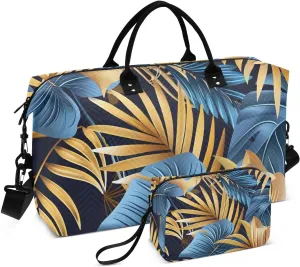 Bolaz Duffle Bag for Travel-Golden with Blue Leaves，Weekender Overnight Bag with Wet Pocket for Women，Large Carry On Airport Bag with Toiletry Bag for Travel, Business Trips, Sports
