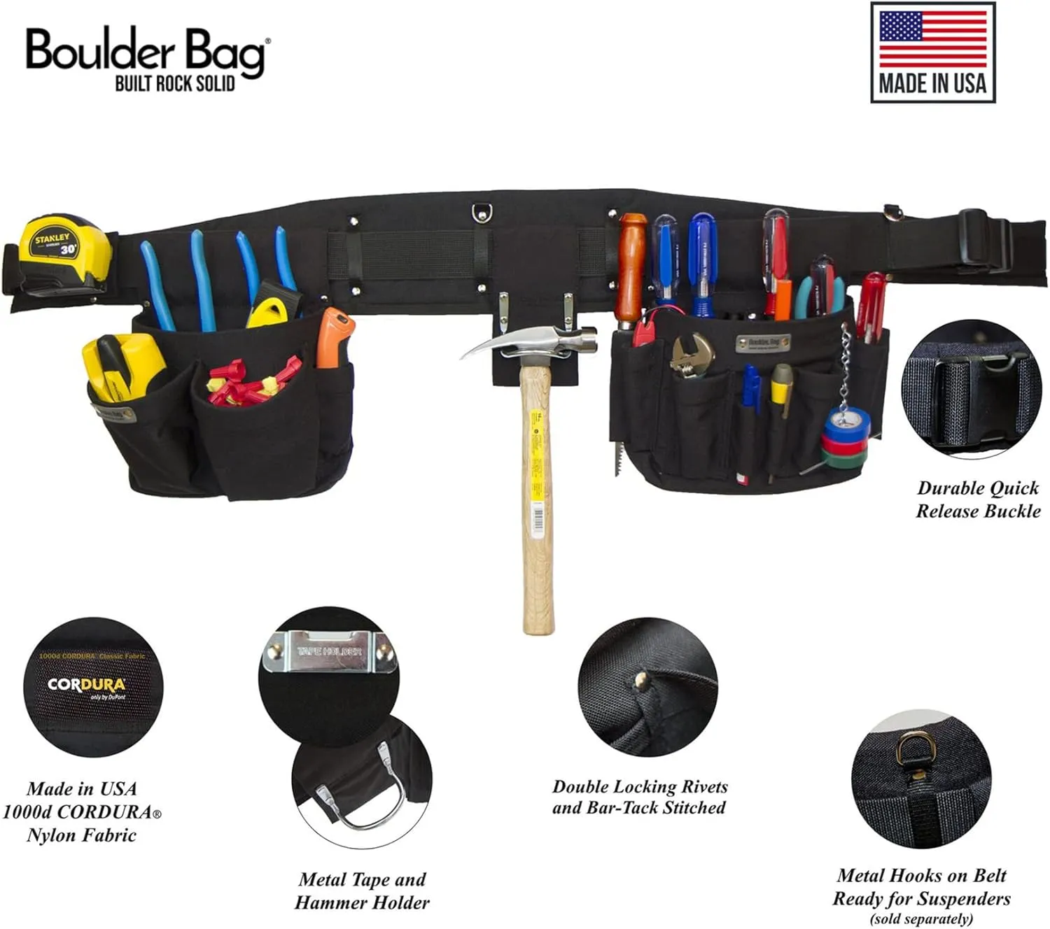 BOULDER BAG Professional Electrician's MAX Combo with Comfort Back Support Tool Belt, Quick Release Buckle, Heavy Duty Work Belt, Black, (Medium 28-32 Inch Waist), Made in USA