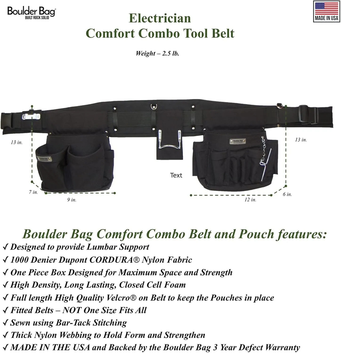 BOULDER BAG Professional Electrician's MAX Combo with Comfort Back Support Tool Belt, Quick Release Buckle, Heavy Duty Work Belt, Black, (Medium 28-32 Inch Waist), Made in USA