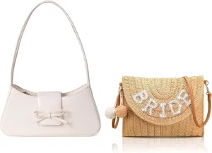 Bride White Bow Bag Straw Summer Beach Purse