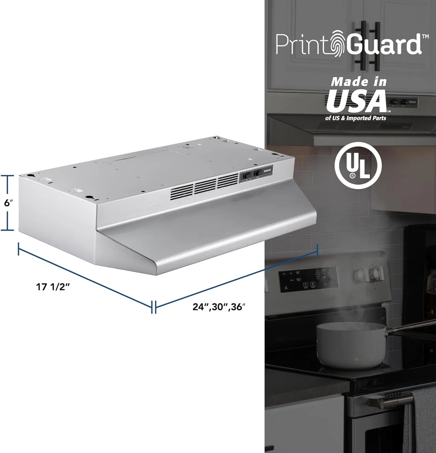 Broan-NuTone 4130SF Fingerprint Resistant Ductless Under-Cabinet Range Hood, 30-Inch, Stainless Finish with Print Guard