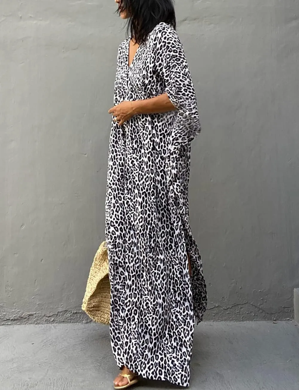 Bsubseach Cheetah Plus Size Kaftan Dresses For Women Maxi Swimsuit Coverup Bathing Suit Caftans Long Cover Up Rayon Swimwear
