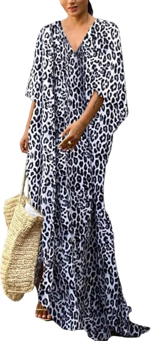 Bsubseach Cheetah Plus Size Kaftan Dresses For Women Maxi Swimsuit Coverup Bathing Suit Caftans Long Cover Up Rayon Swimwear