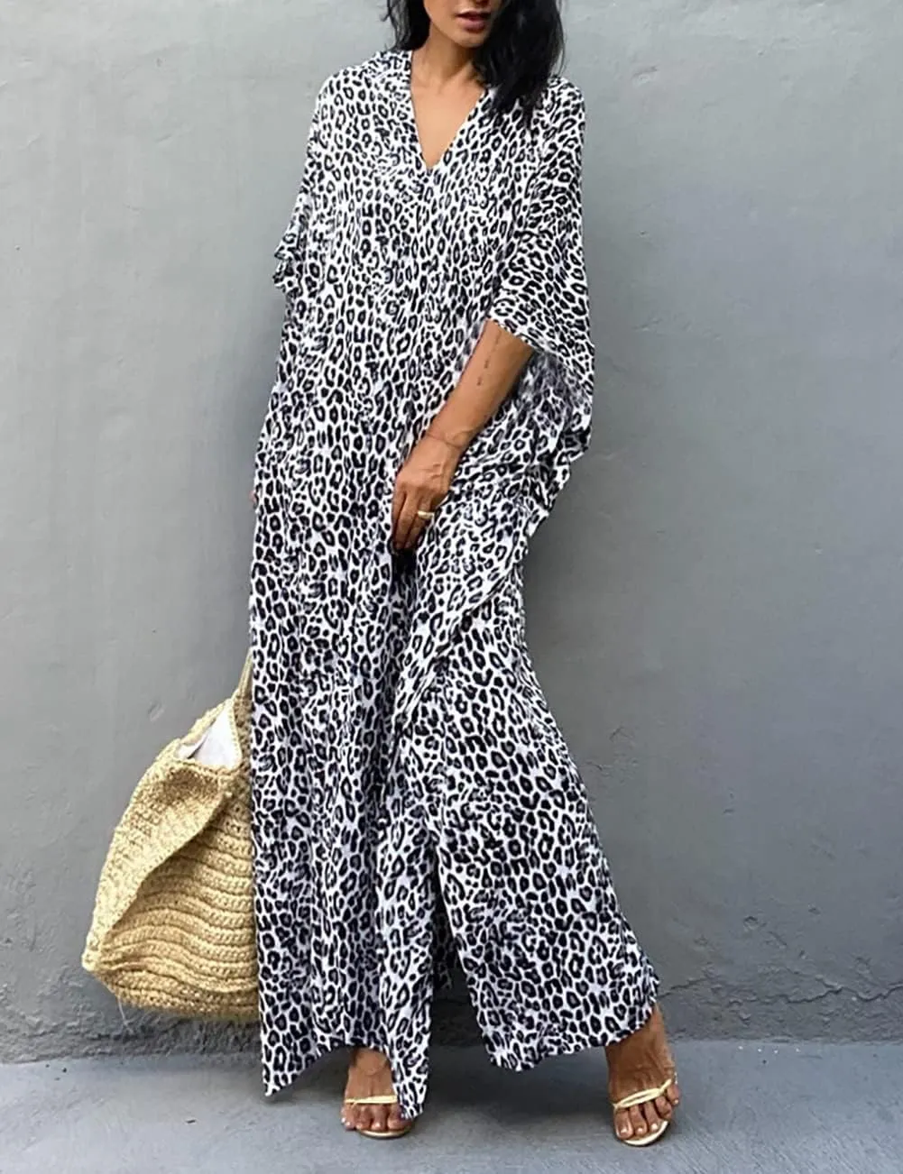 Bsubseach Cheetah Plus Size Kaftan Dresses For Women Maxi Swimsuit Coverup Bathing Suit Caftans Long Cover Up Rayon Swimwear