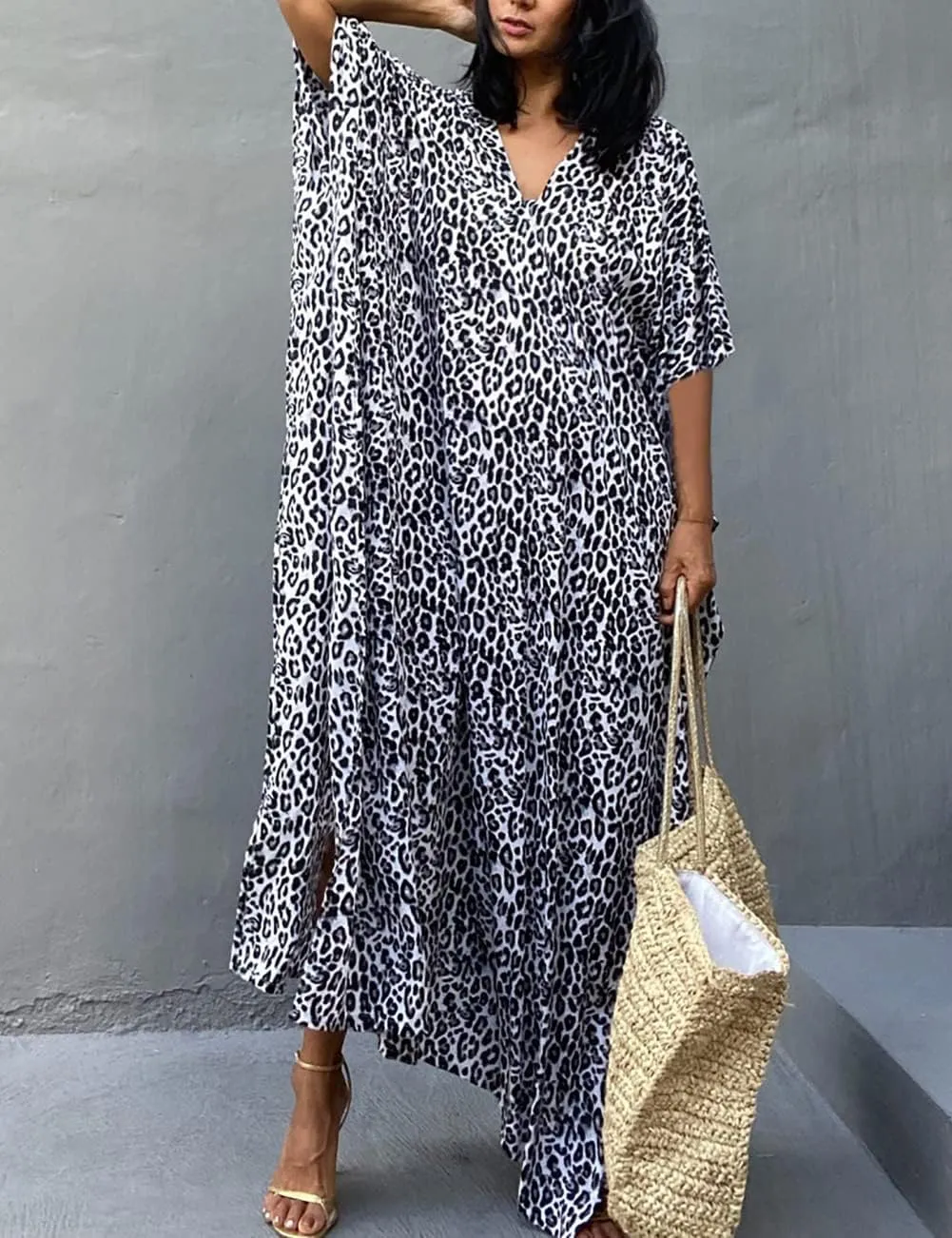 Bsubseach Cheetah Plus Size Kaftan Dresses For Women Maxi Swimsuit Coverup Bathing Suit Caftans Long Cover Up Rayon Swimwear