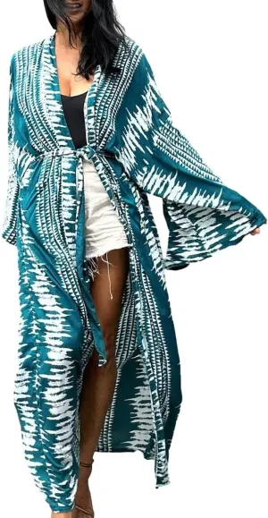 Bsubseach Stylish Tie Dye Open Front Long Kimono Swimsuit Cover Up for Women Swimwear Cover Ups