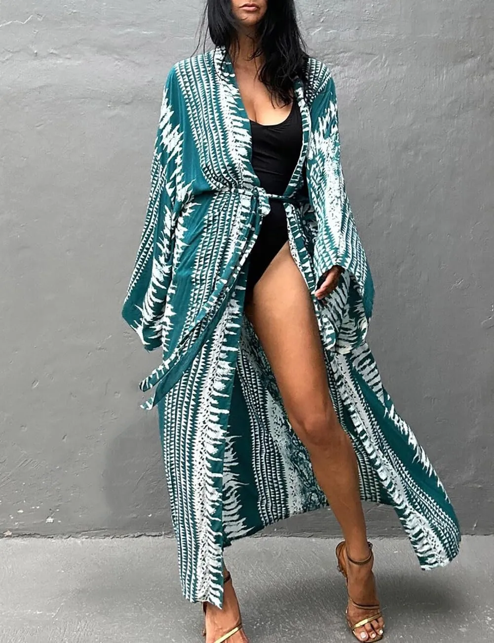 Bsubseach Stylish Tie Dye Open Front Long Kimono Swimsuit Cover Up for Women Swimwear Cover Ups