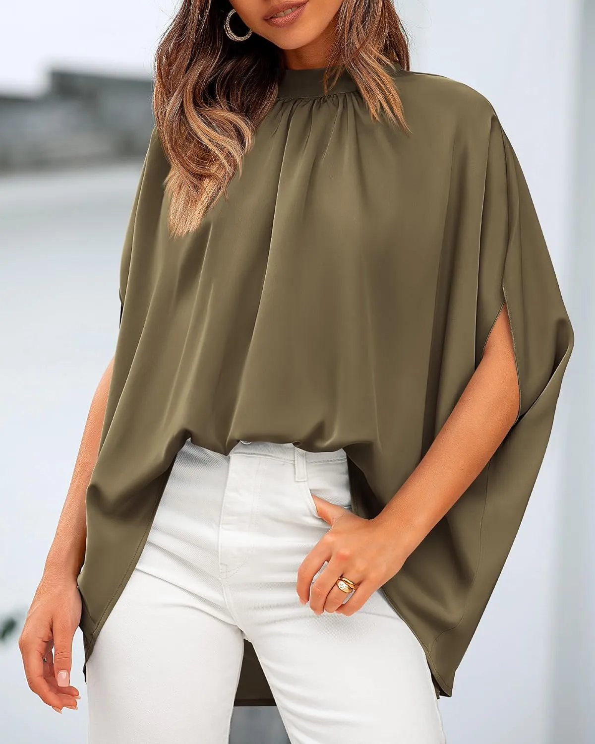 BTFBM Women Mock Neck Summer Tops 2025 Spring Batwing Short Sleeve Loose High Low Hem Casual Oversized Blouses Shirts
