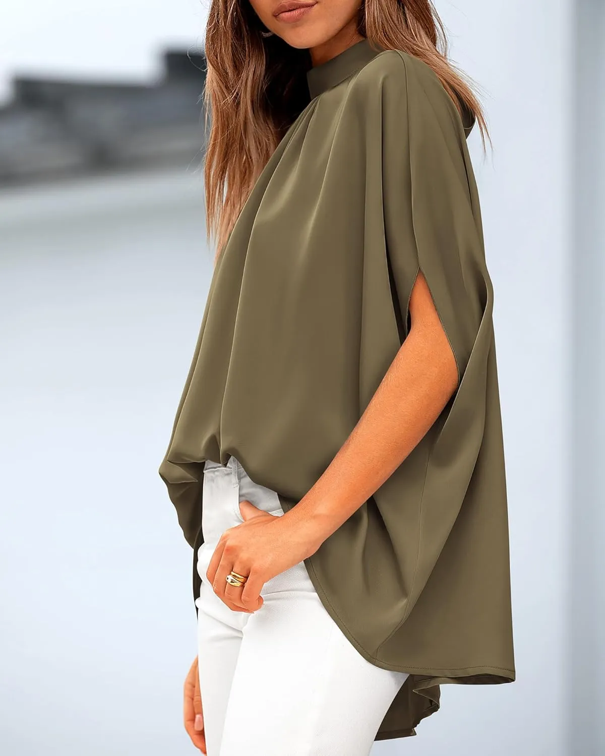 BTFBM Women Mock Neck Summer Tops 2025 Spring Batwing Short Sleeve Loose High Low Hem Casual Oversized Blouses Shirts