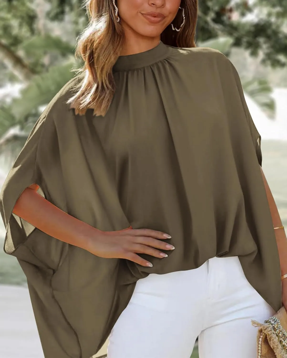BTFBM Women Mock Neck Summer Tops 2025 Spring Batwing Short Sleeve Loose High Low Hem Casual Oversized Blouses Shirts
