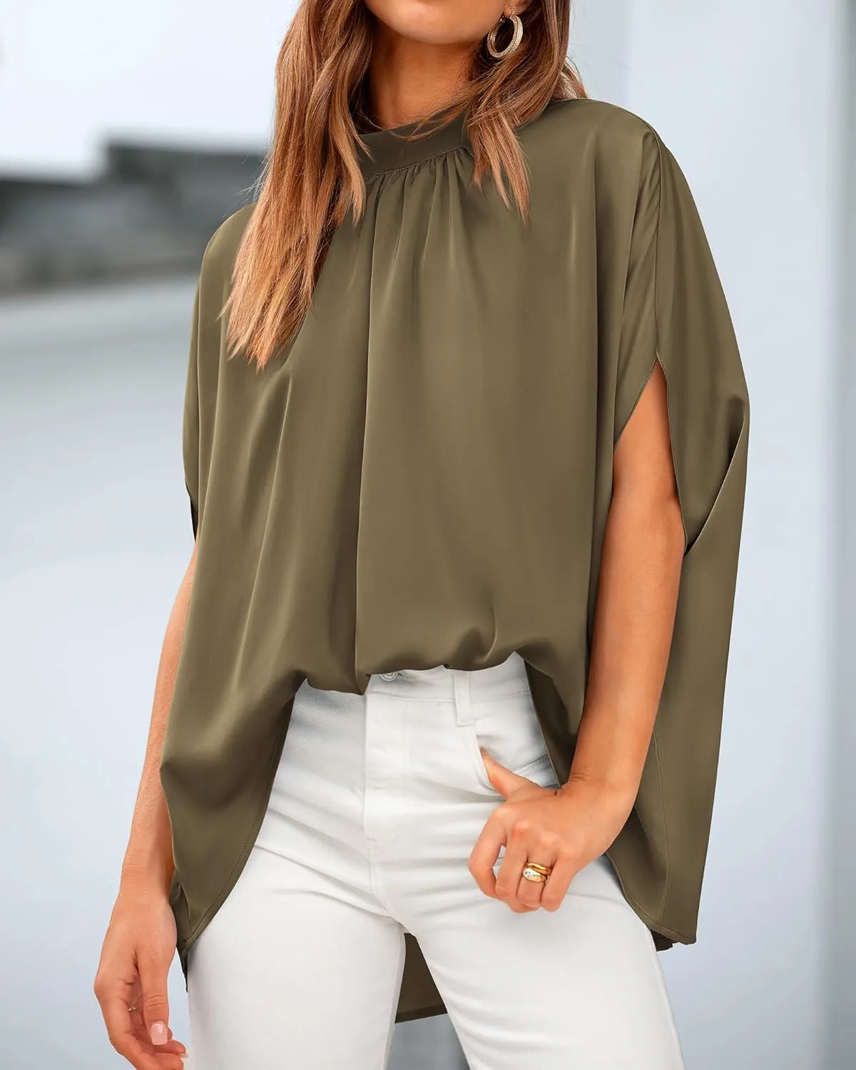 BTFBM Women Mock Neck Summer Tops 2025 Spring Batwing Short Sleeve Loose High Low Hem Casual Oversized Blouses Shirts