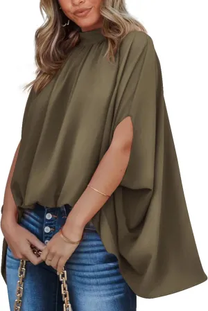 BTFBM Women Mock Neck Summer Tops 2025 Spring Batwing Short Sleeve Loose High Low Hem Casual Oversized Blouses Shirts