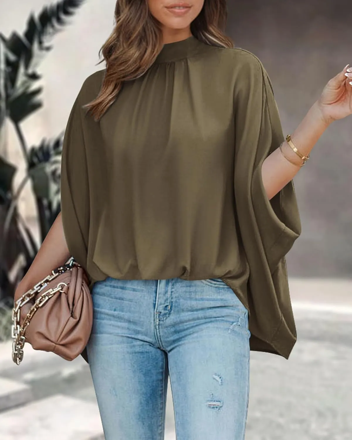 BTFBM Women Mock Neck Summer Tops 2025 Spring Batwing Short Sleeve Loose High Low Hem Casual Oversized Blouses Shirts