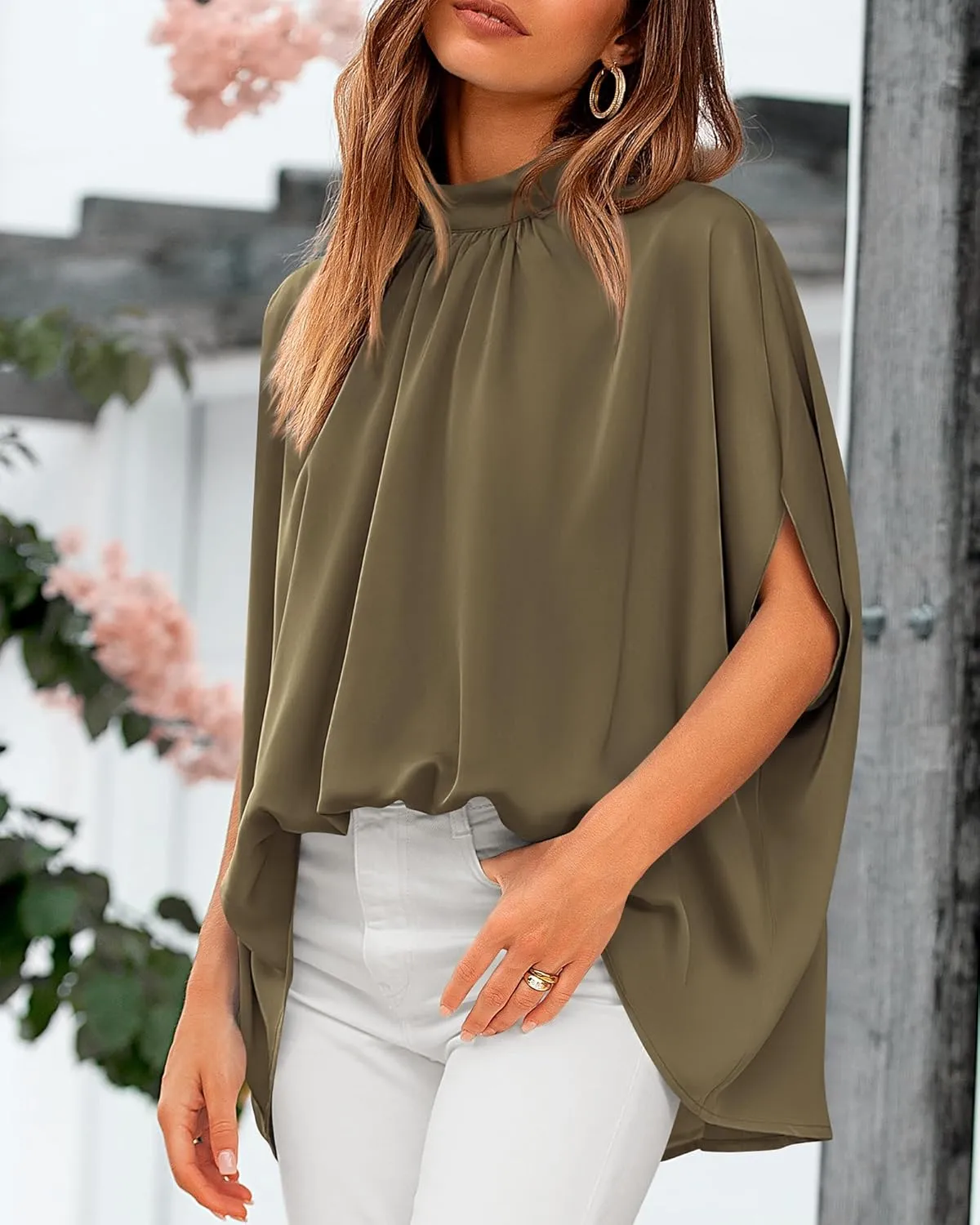 BTFBM Women Mock Neck Summer Tops 2025 Spring Batwing Short Sleeve Loose High Low Hem Casual Oversized Blouses Shirts