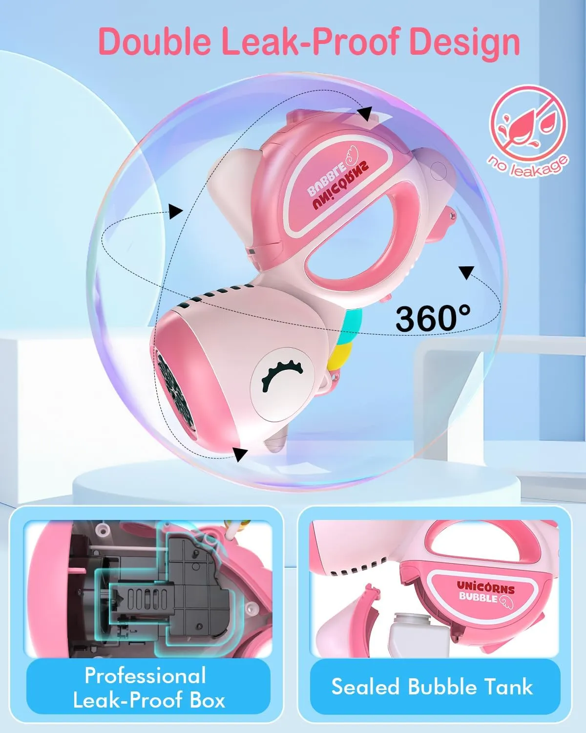 Bubble Machine Gun with Lights Music, Portable 360°Leak Proof Automatic Bubble Maker Machine for Kids Toddler 1-3 4-8 Parties, Bubble Blower Birthday Gift