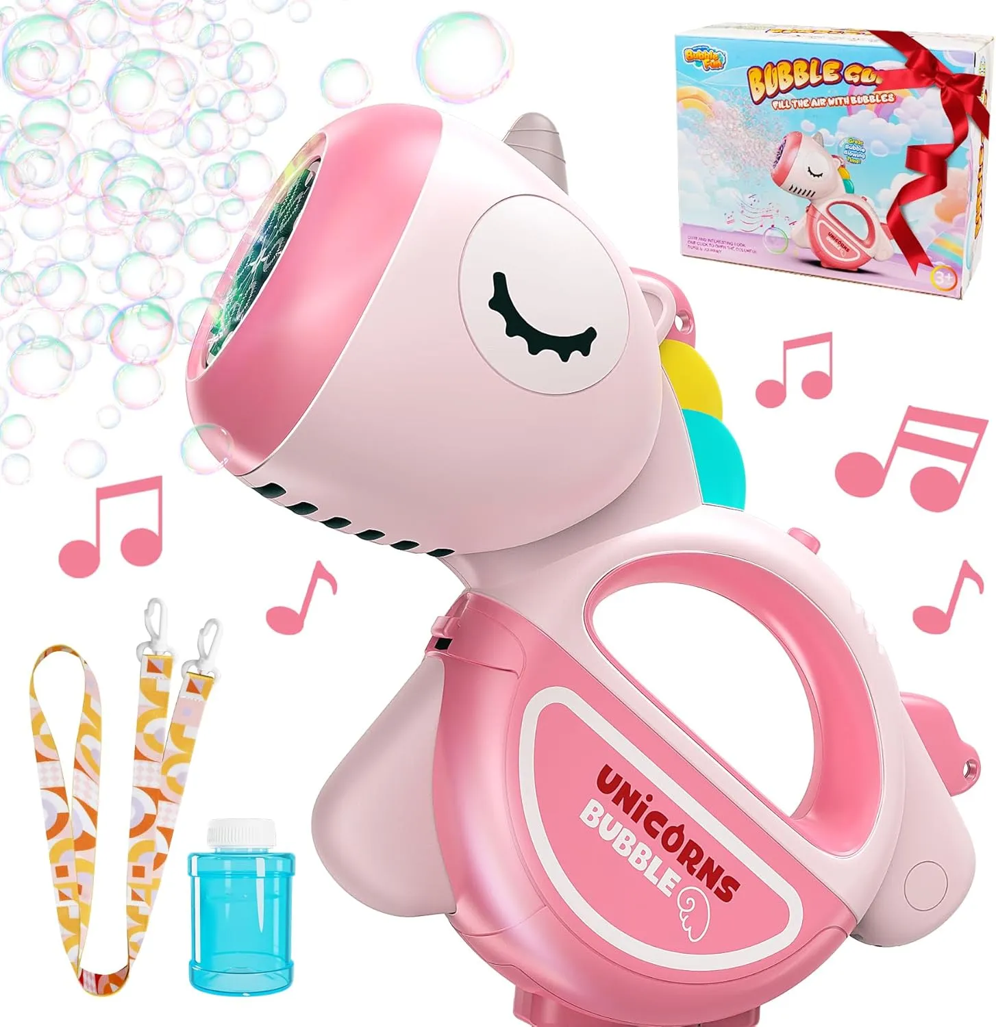 Bubble Machine Gun with Lights Music, Portable 360°Leak Proof Automatic Bubble Maker Machine for Kids Toddler 1-3 4-8 Parties, Bubble Blower Birthday Gift